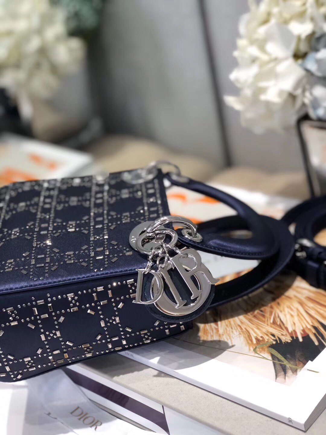 Mini Lady Dior Bag Deep Blue Strass Cannage Satin